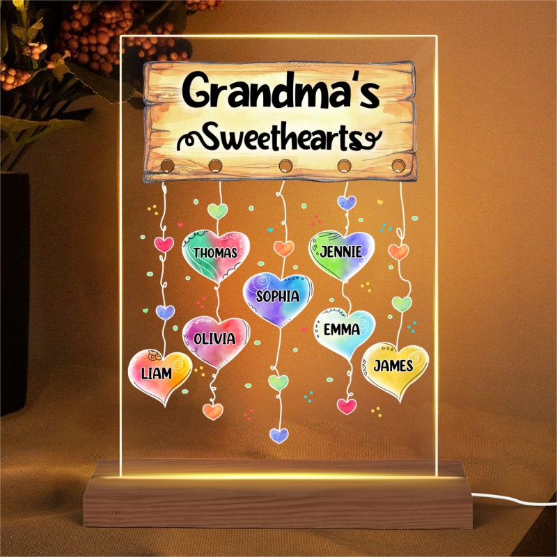Grandma¡®s Sweethearts Watercolor Heartstrings Personalized Rectangle Acrylic Plaque With LED Night Light