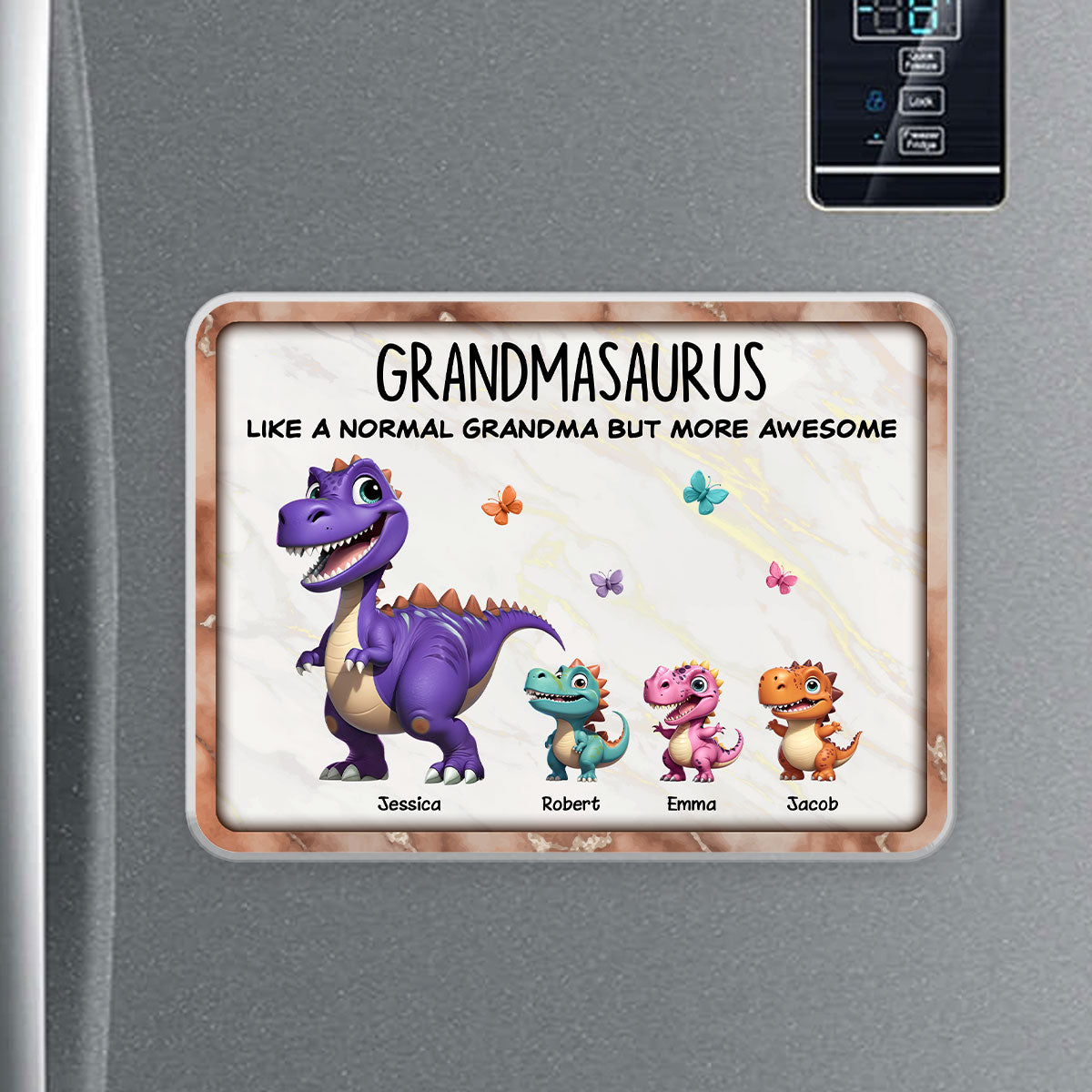 Grandmasaurus And Kids 3D Effect Dinosaurs Personalized Acrylic Fridge Magnet, Gift For Grandma